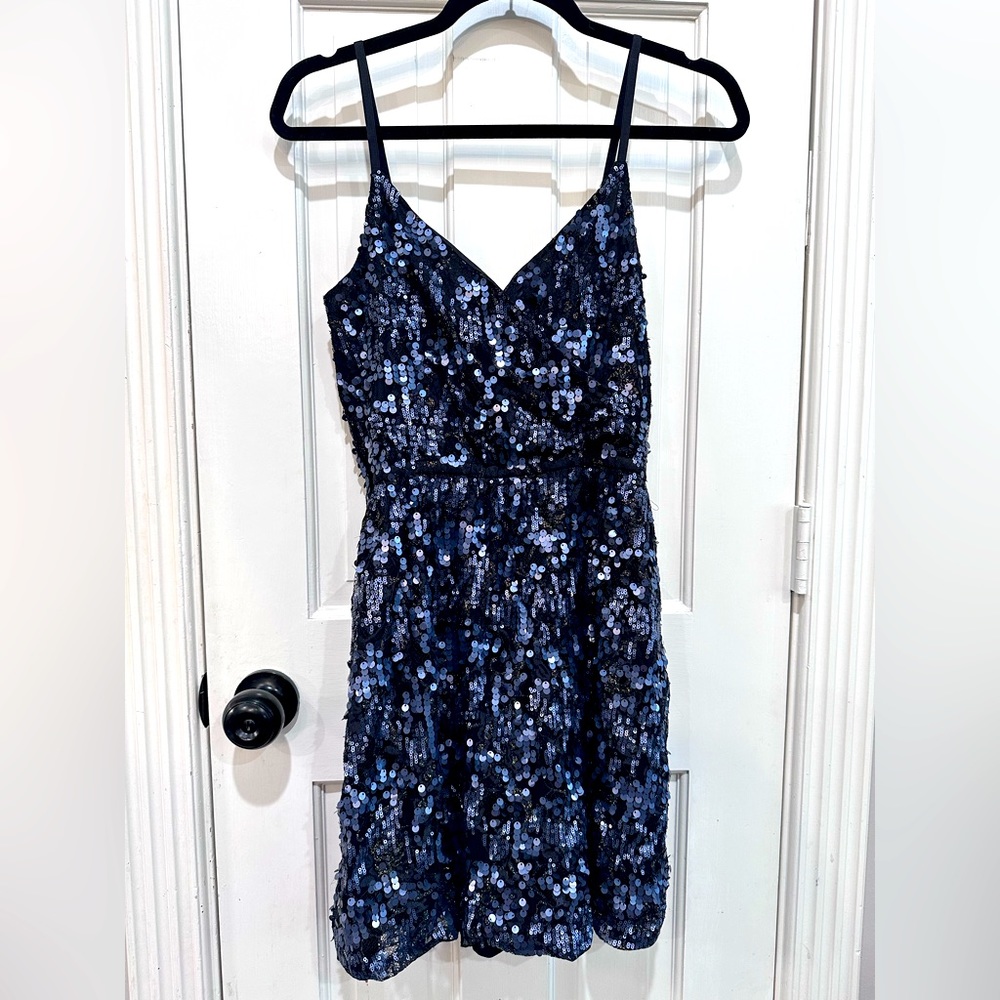 Express - Deep Navy Blue with gold fit and flare dress size M